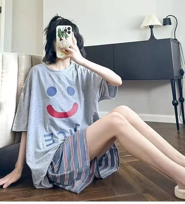 Women Cartoon Pajamas Set Pink White Loose Short Sleeve - Image 15