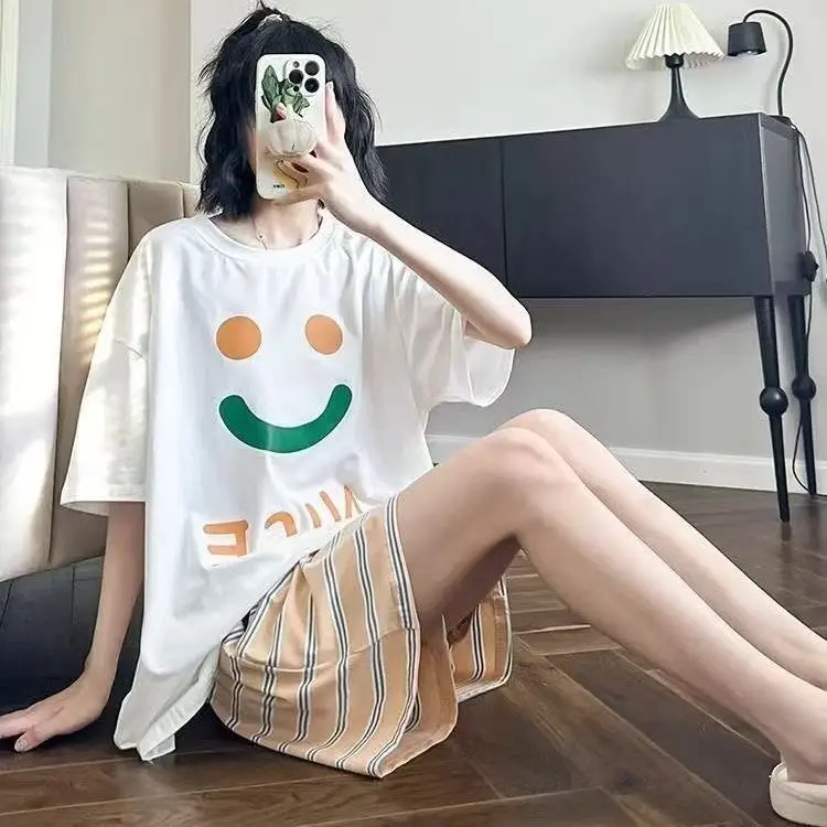 Women Cartoon Pajamas Set Pink White Loose Short Sleeve - Image 16