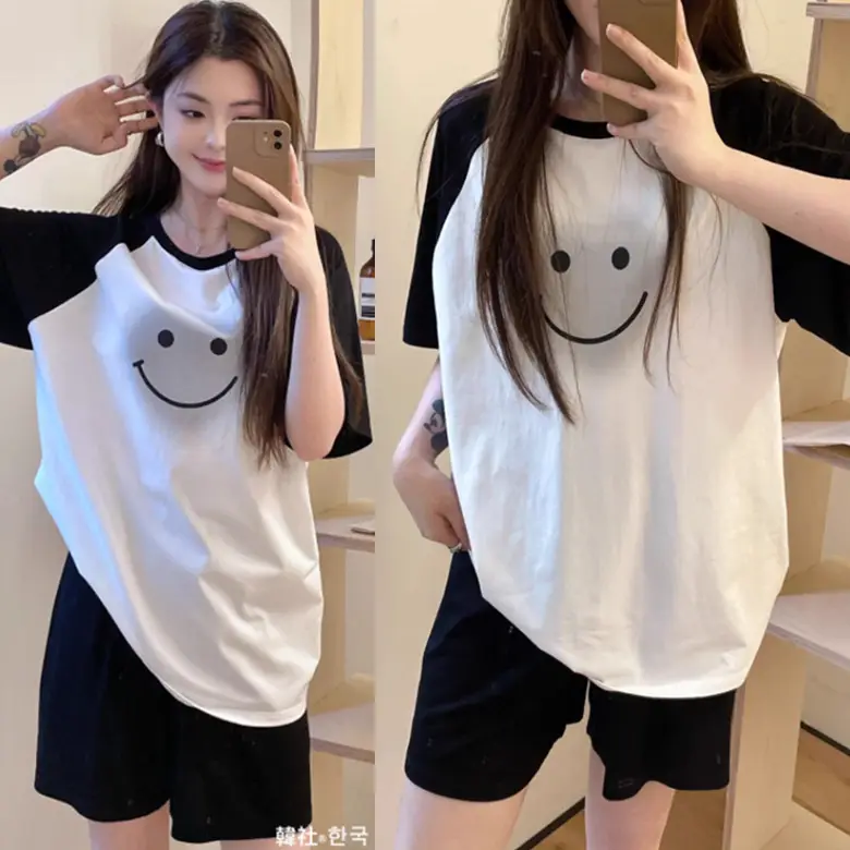 Women Cartoon Pajamas Set Pink White Loose Short Sleeve - Image 17