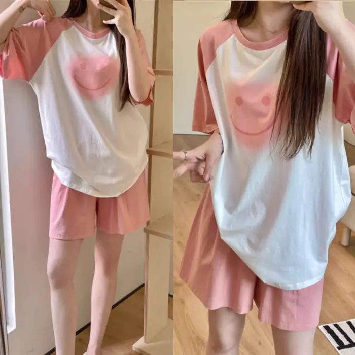 Women Cartoon Pajamas Set Pink White Loose Short Sleeve - Image 18