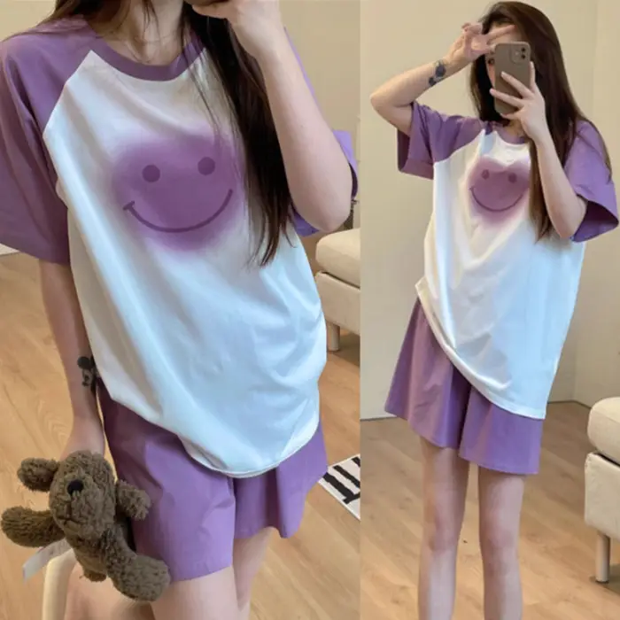 Women Cartoon Pajamas Set Pink White Loose Short Sleeve - Image 19