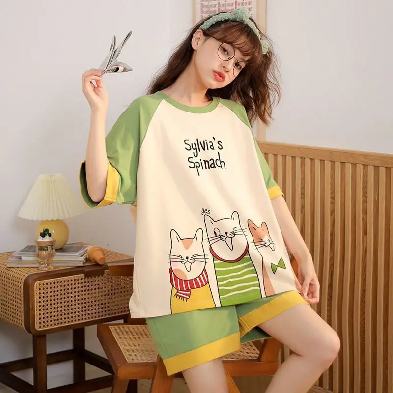 Women Cartoon Pajamas Set Pink White Loose Short Sleeve - Image 2