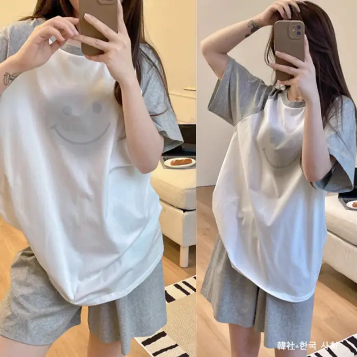 Women Cartoon Pajamas Set Pink White Loose Short Sleeve - Image 20