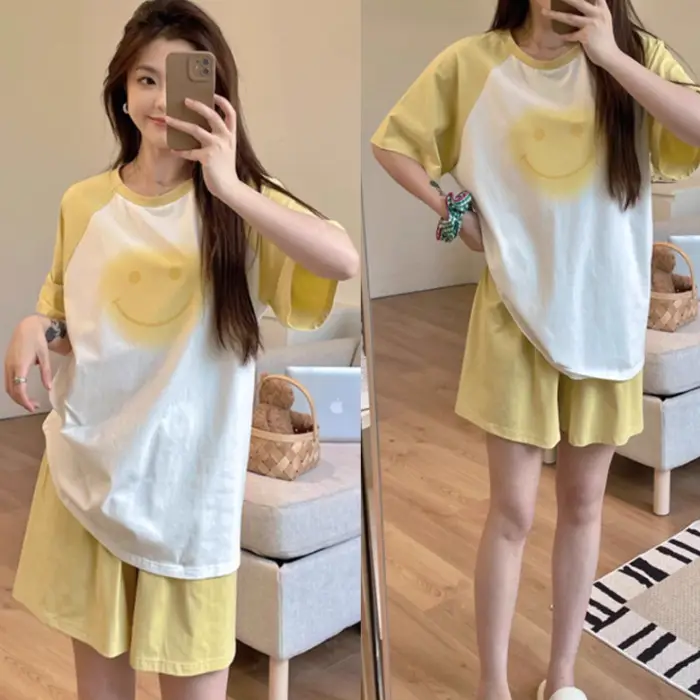 Women Cartoon Pajamas Set Pink White Loose Short Sleeve - Image 21