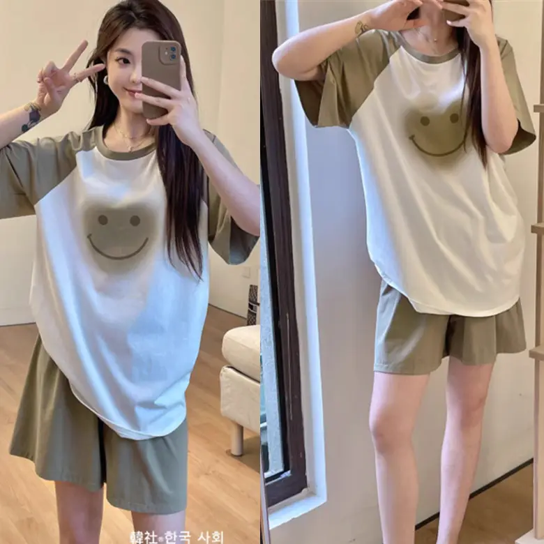 Women Cartoon Pajamas Set Pink White Loose Short Sleeve - Image 22