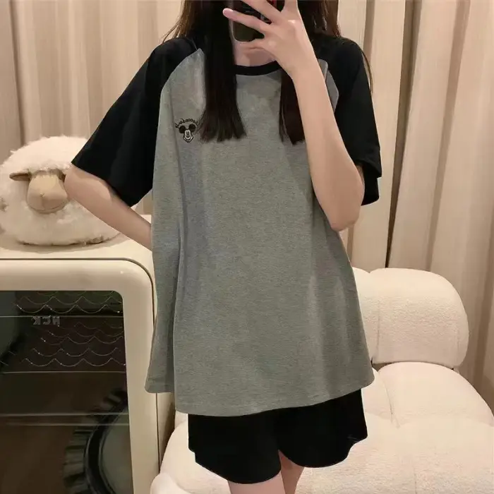 Women Cartoon Pajamas Set Pink White Loose Short Sleeve - Image 23