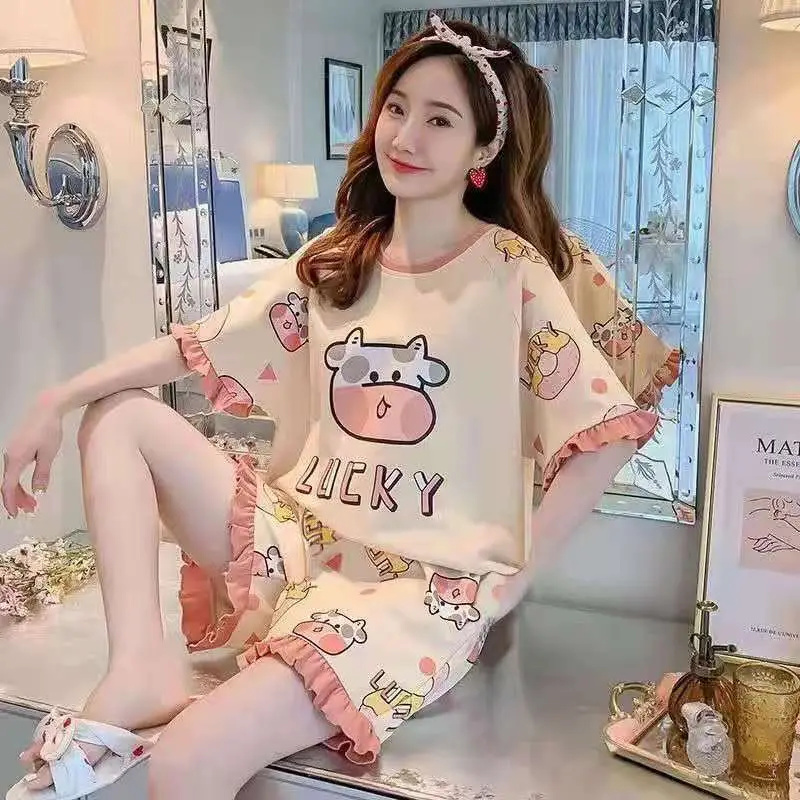 Women Cartoon Pajamas Set Pink White Loose Short Sleeve - Image 25