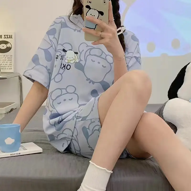 Women Cartoon Pajamas Set Pink White Loose Short Sleeve - Image 27