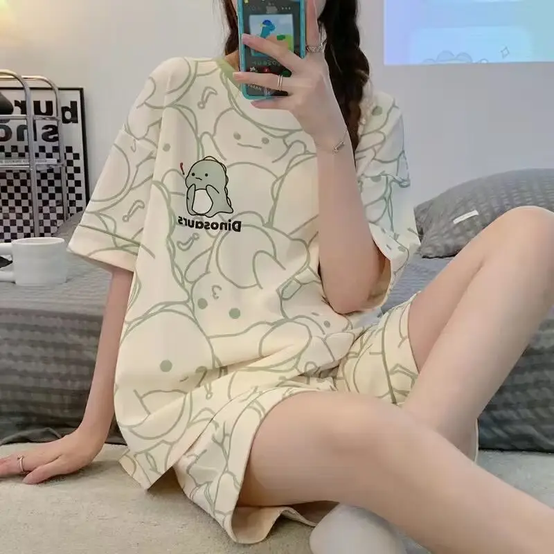 Women Cartoon Pajamas Set Pink White Loose Short Sleeve - Image 28