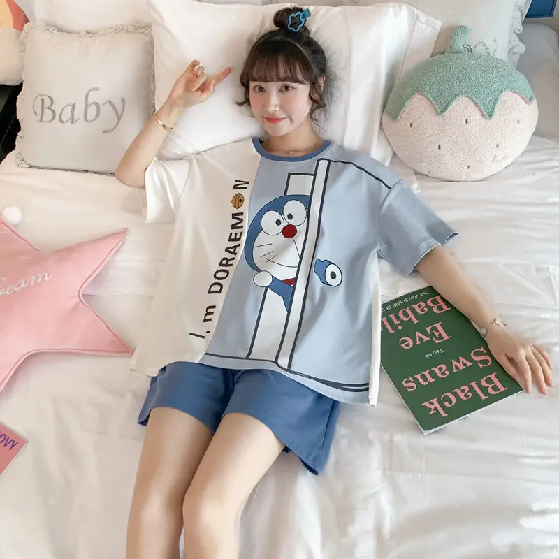 Women Cartoon Pajamas Set Pink White Loose Short Sleeve - Image 3