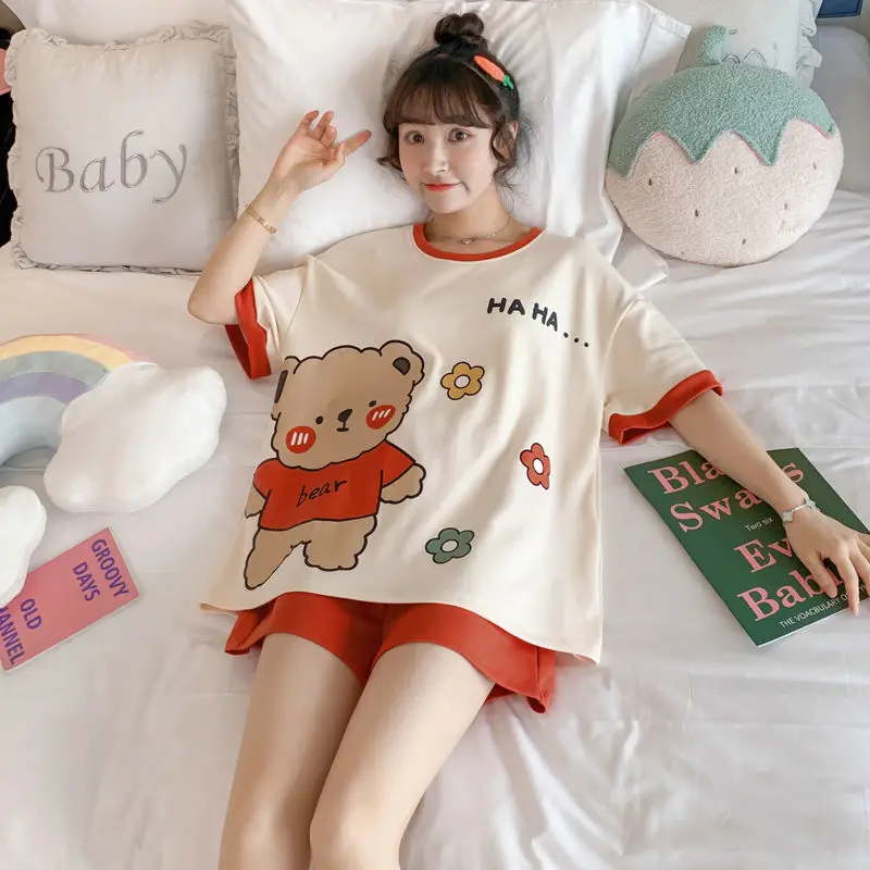 Women Cartoon Pajamas Set Pink White Loose Short Sleeve - Image 4