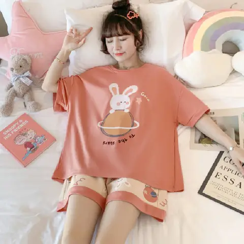 Women Cartoon Pajamas Set Pink White Loose Short Sleeve - Image 5
