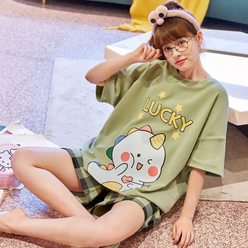 Women Cartoon Pajamas Set Pink White Loose Short Sleeve - Image 7