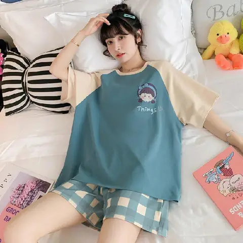 Women Cartoon Pajamas Set Pink White Loose Short Sleeve - Image 8