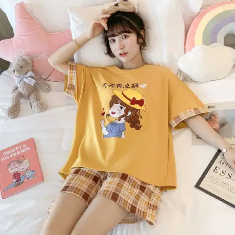 Women Cartoon Pajamas Set Pink White Loose Short Sleeve - Image 9
