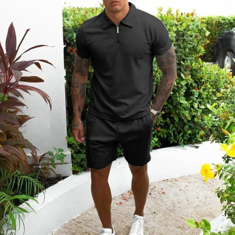 New Men's Grey Short Sleeve Polo Shorts Suit 2023