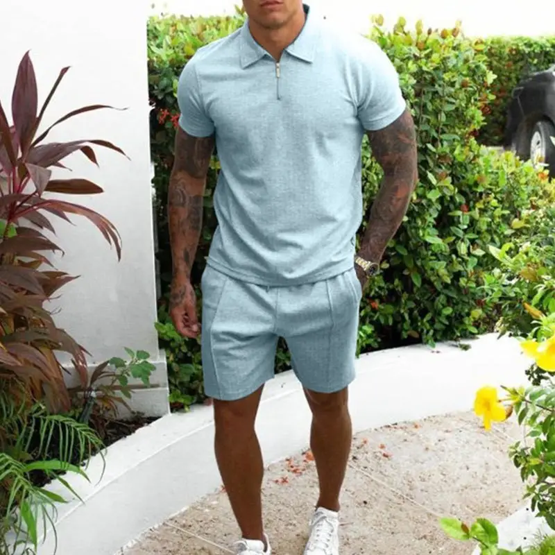 New Men's Grey Short Sleeve Polo Shorts Suit 2023