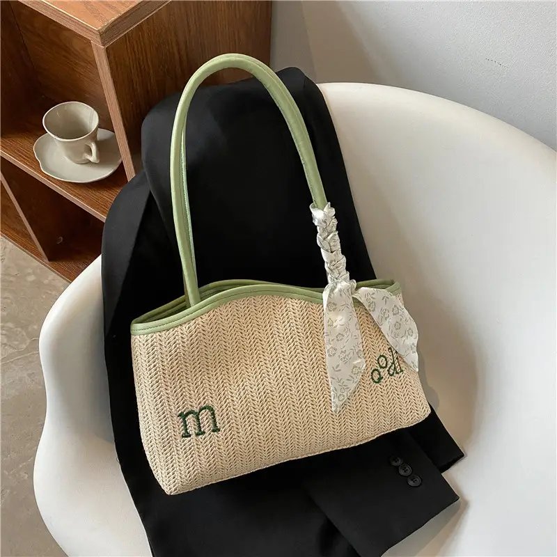 Women's Straw Tote Bag with Bow Decor