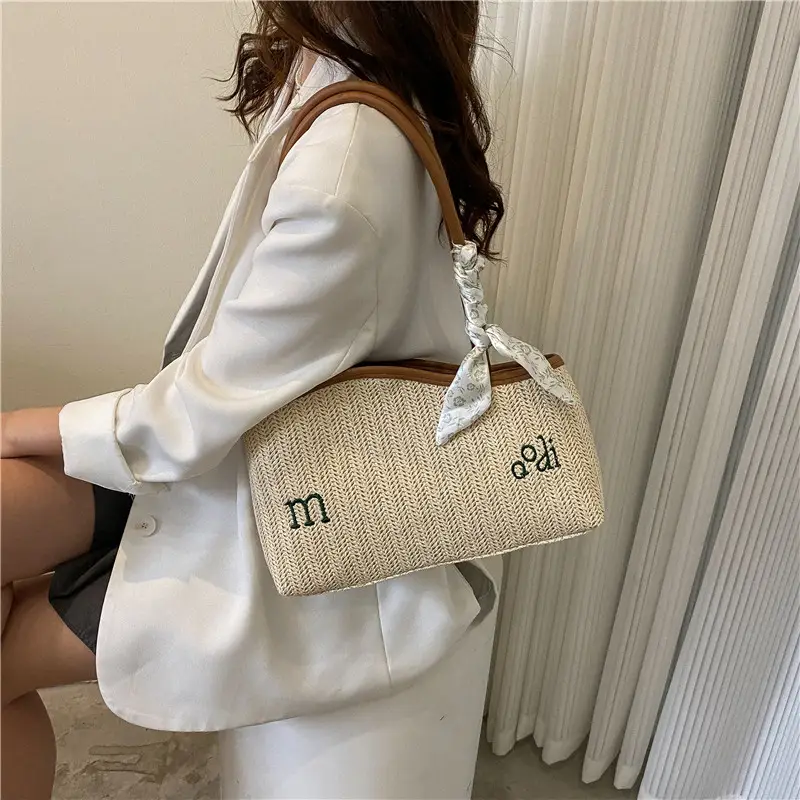 Women's Straw Tote Bag with Bow Decor