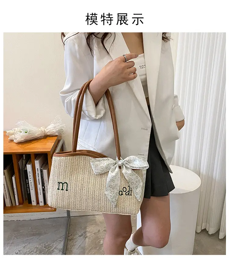 Women's Straw Tote Bag with Bow Decor — feature 10