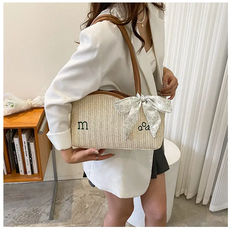 Women's Straw Tote Bag with Bow Decor — feature 13