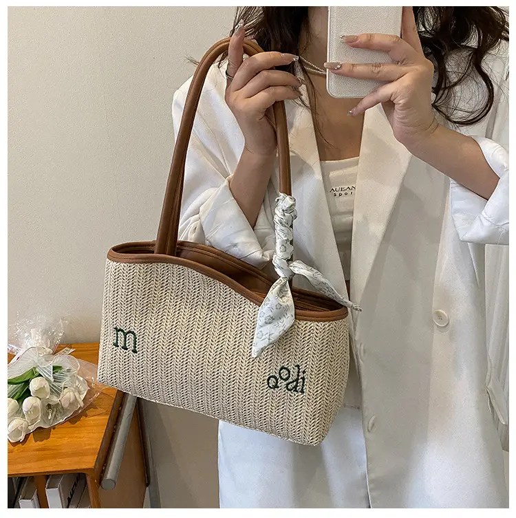 Women's Straw Tote Bag with Bow Decor — feature 25