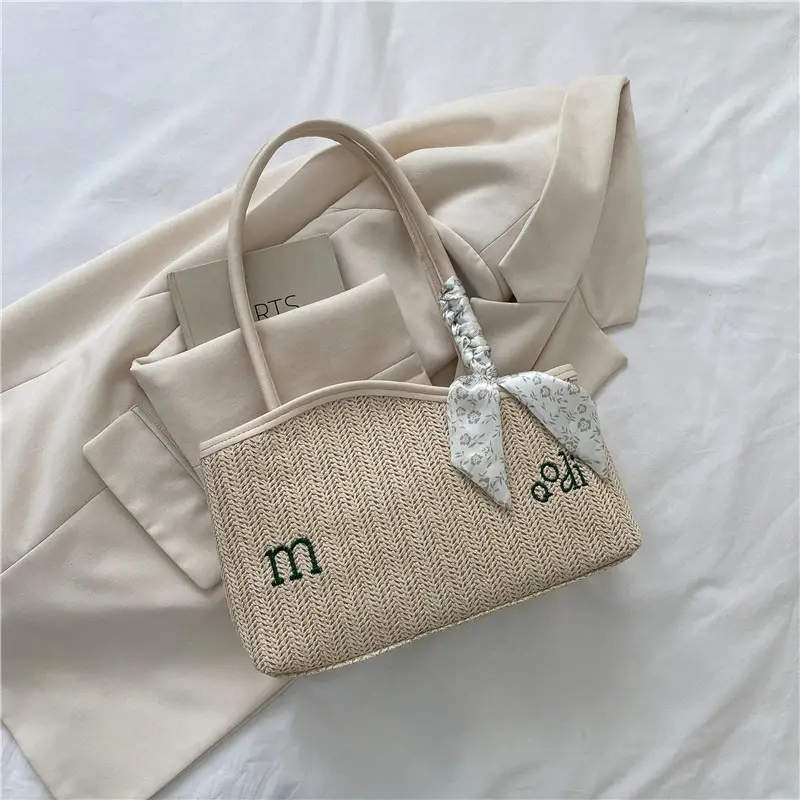 Women's Straw Tote Bag with Bow Decor