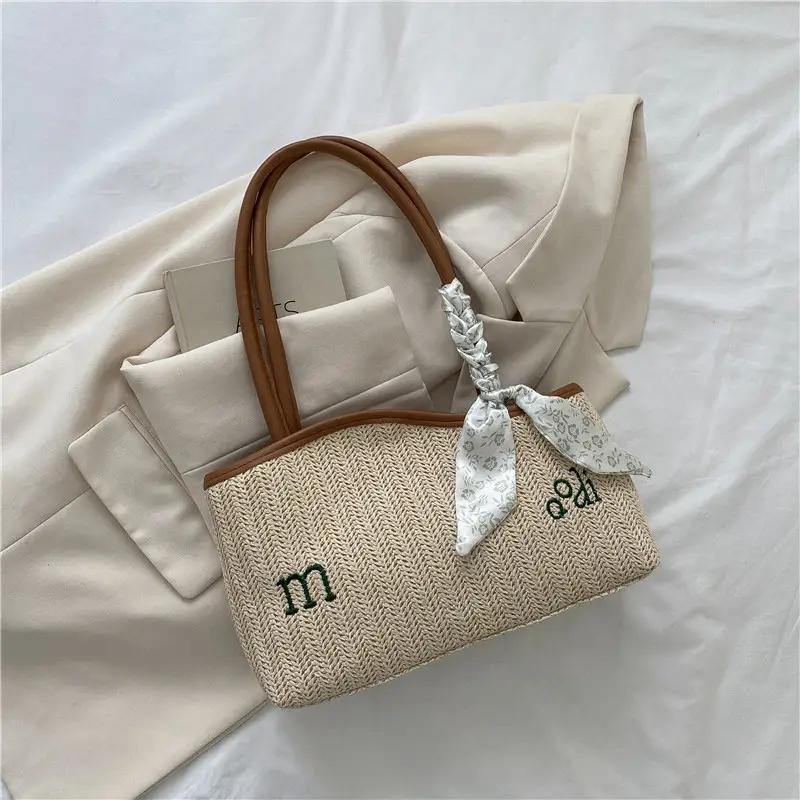 Women's Straw Tote Bag with Bow Decor