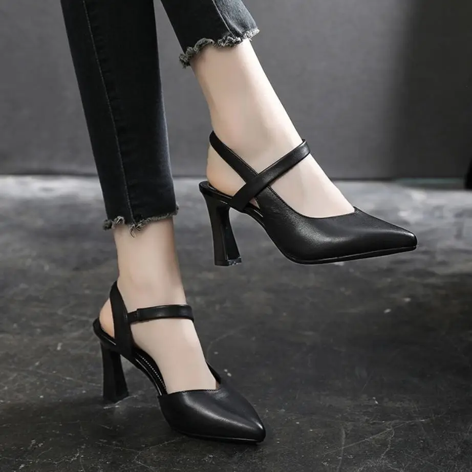 Women's Black Leather High Heel Sandals 2023 - Image 5