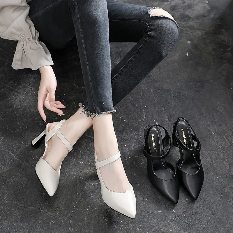 Women's Black Leather High Heel Sandals 2023 - Image 7