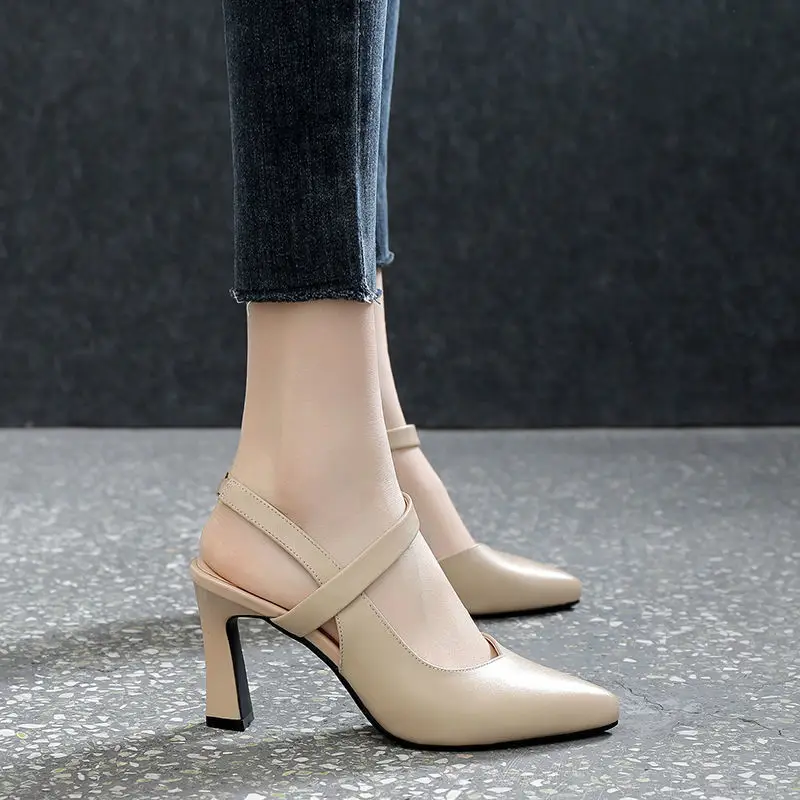 Women's Black Leather High Heel Sandals 2023 - Image 3