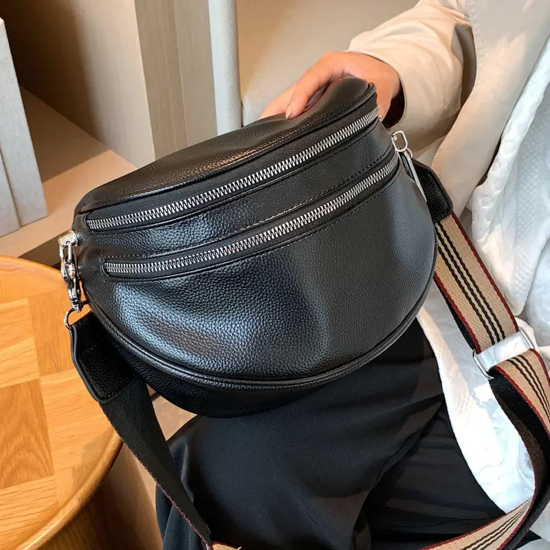 Black Crossbody Shoulder Bag with Striped Strap