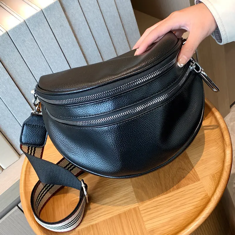 Black Crossbody Shoulder Bag with Striped Strap