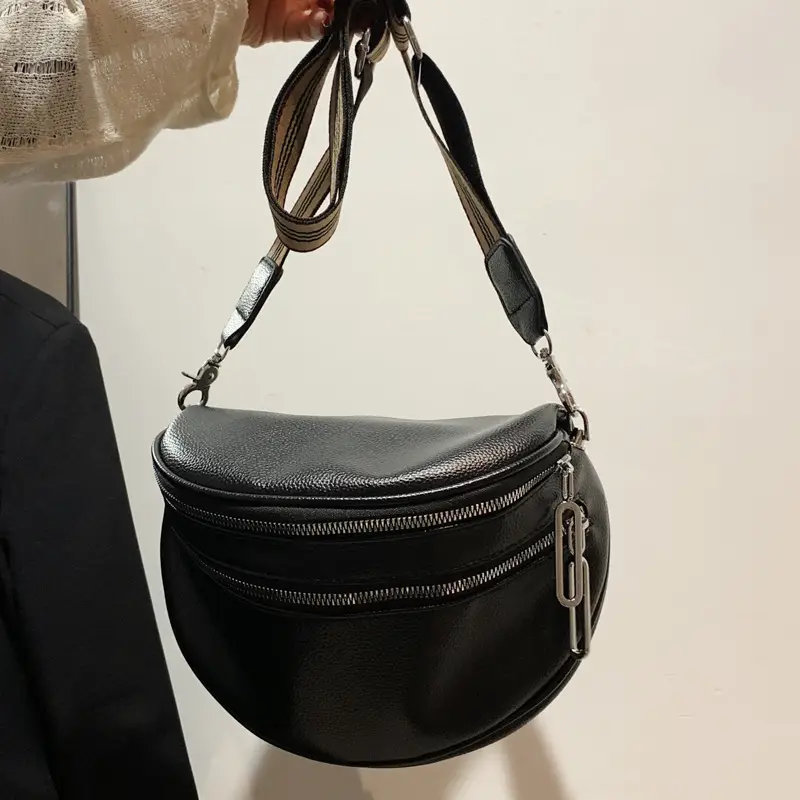 Black Crossbody Shoulder Bag with Striped Strap