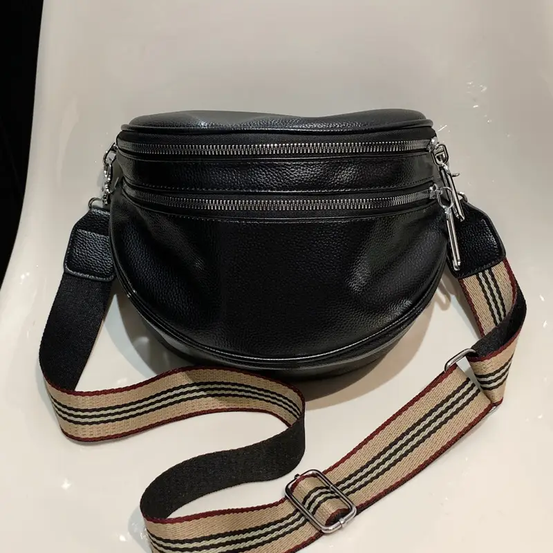 Black Crossbody Shoulder Bag with Striped Strap