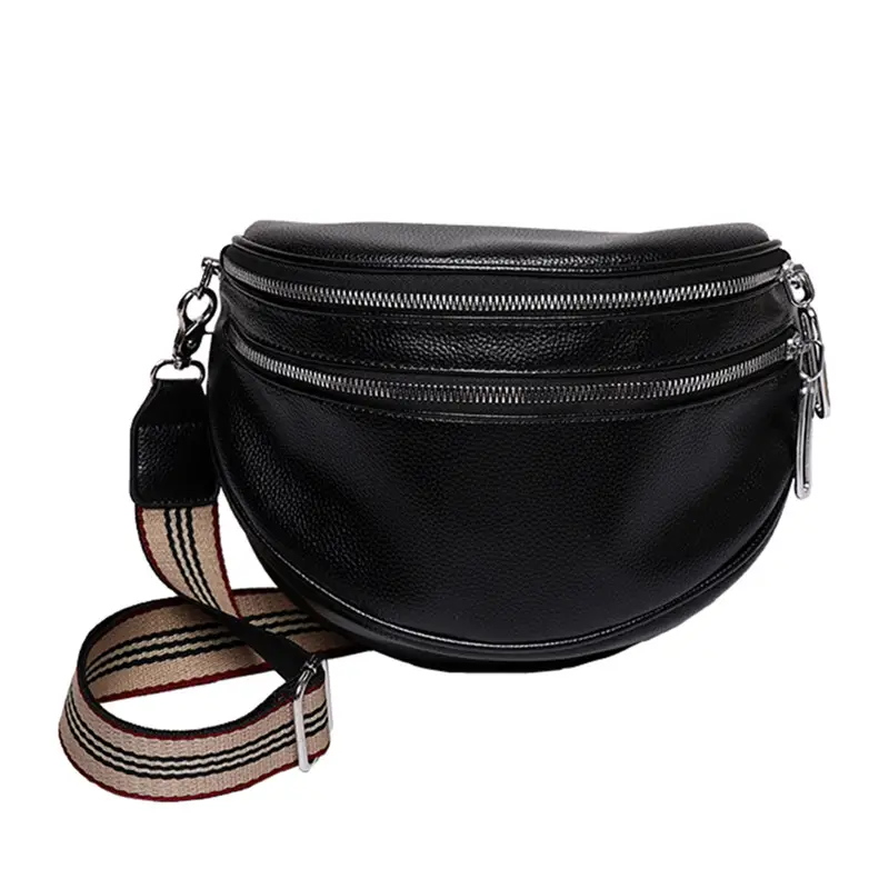 Black Crossbody Shoulder Bag with Striped Strap