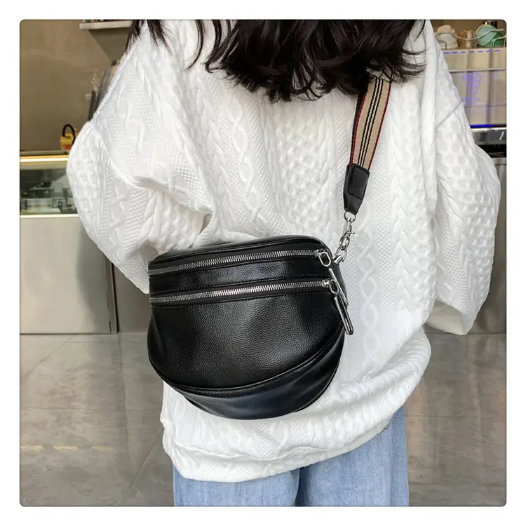 Black Crossbody Shoulder Bag with Striped Strap — feature 12