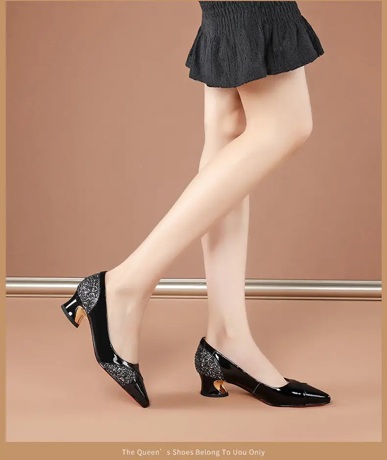 40yo Women's Black Pointed Heel Shoes Mid-Heel Leather All Match — feature 10