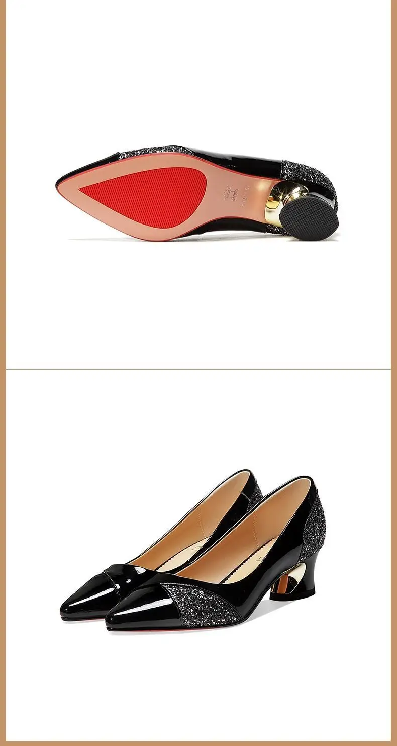 40yo Women's Black Pointed Heel Shoes Mid-Heel Leather All Match — feature 13