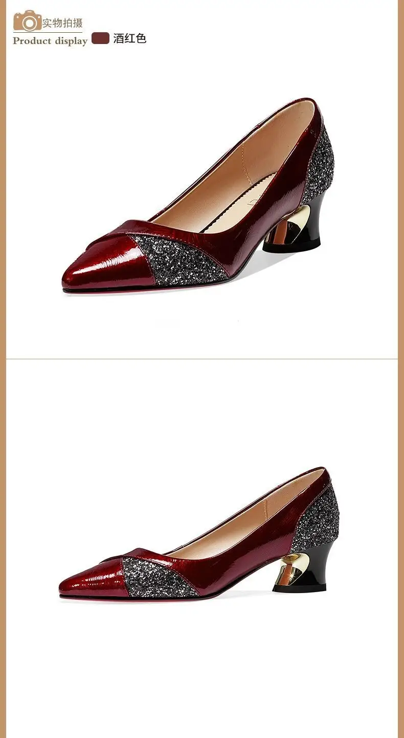 40yo Women's Black Pointed Heel Shoes Mid-Heel Leather All Match — feature 14