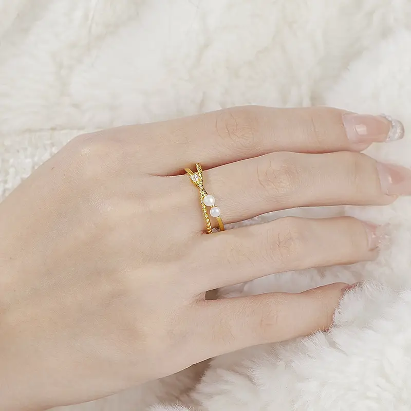 Japanese & Korean Double Layer Cross Freshwater Pearl Zircon Ring - Image 3