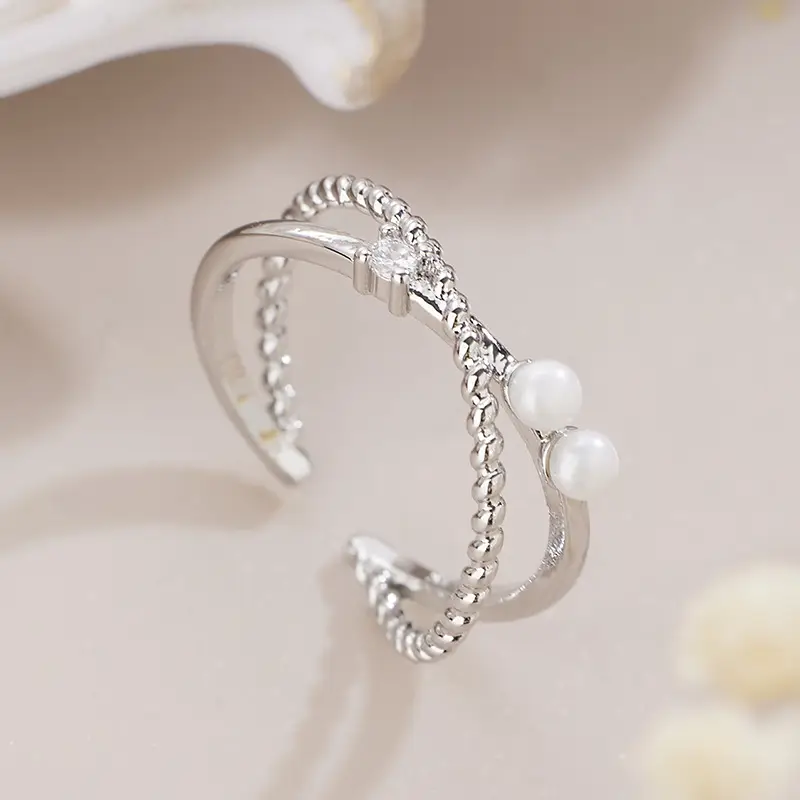 Japanese & Korean Double Layer Cross Freshwater Pearl Zircon Ring - Image 4