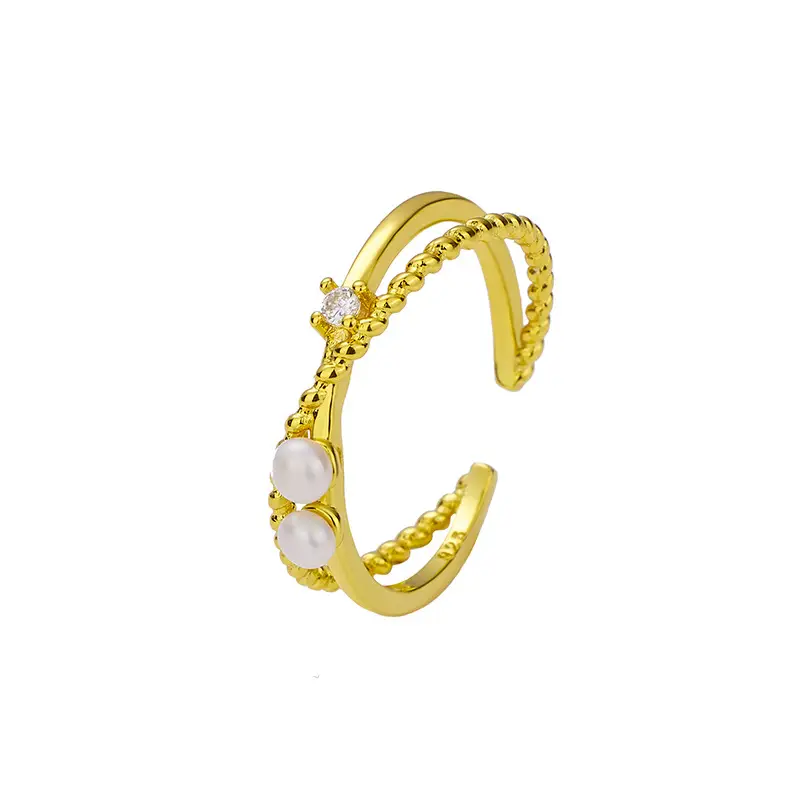Japanese & Korean Double Layer Cross Freshwater Pearl Zircon Ring - Image 5