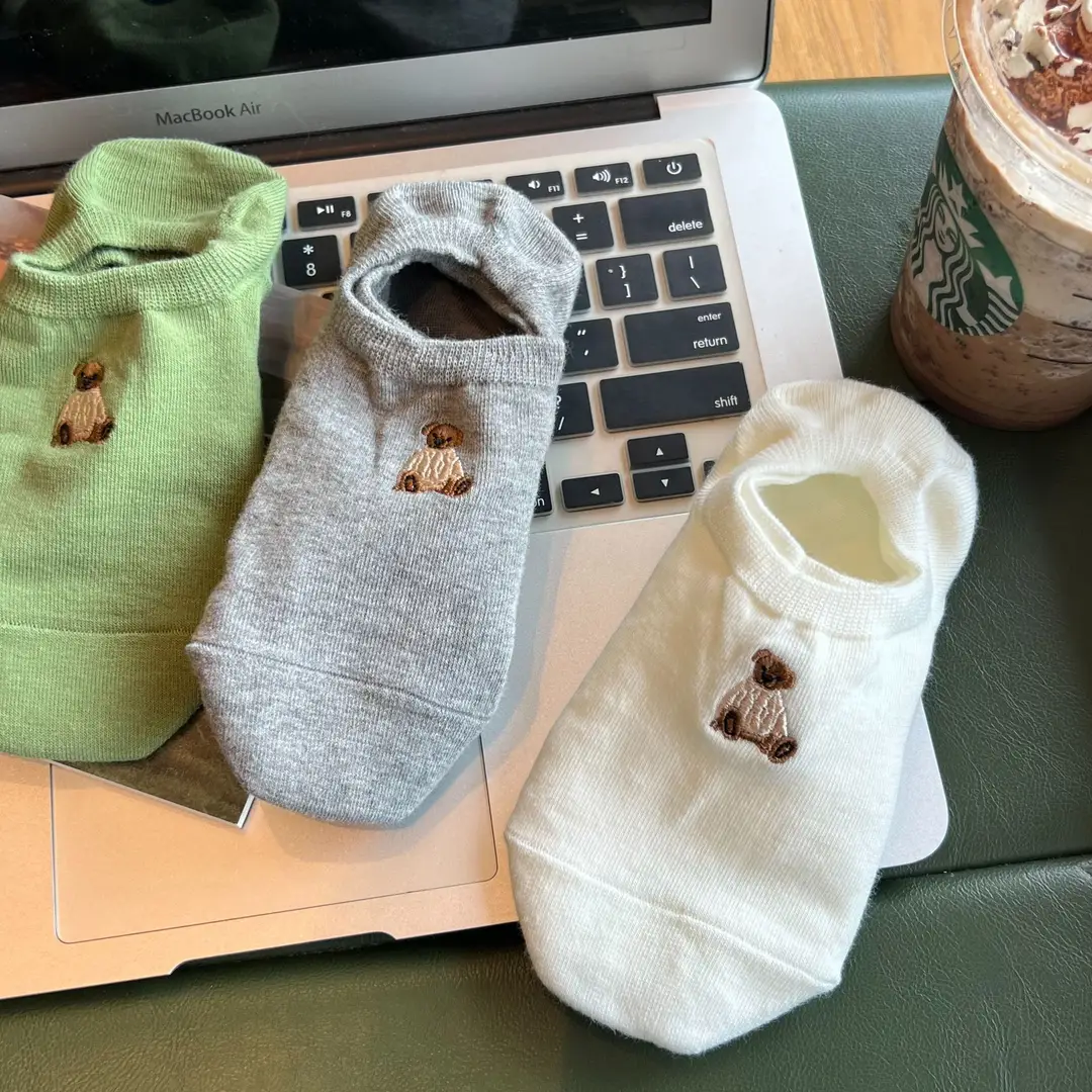 Embroidered Bear Socks Women's Korean-style Boat Socks Summer Non-slip-on-heel Set ins Cute Solid Color Cartoon Socks