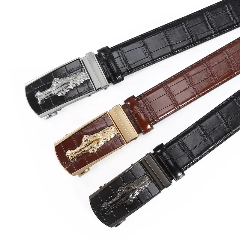 Men's Croc Leather Belt Brown Black with Gold Buckle - Image 4