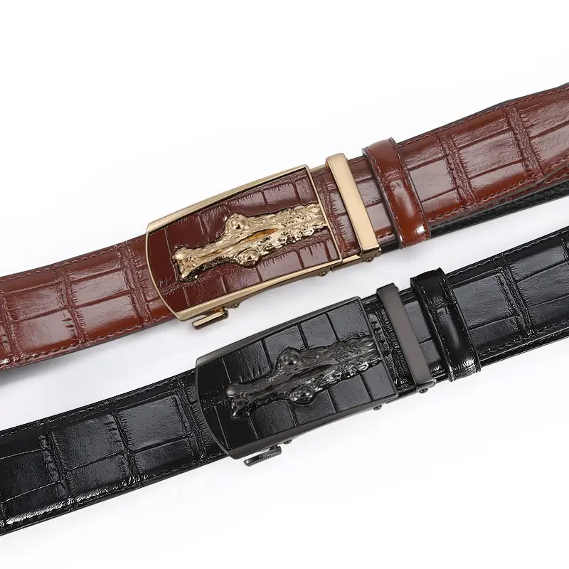 Men's Croc Leather Belt Brown Black with Gold Buckle - Image 5
