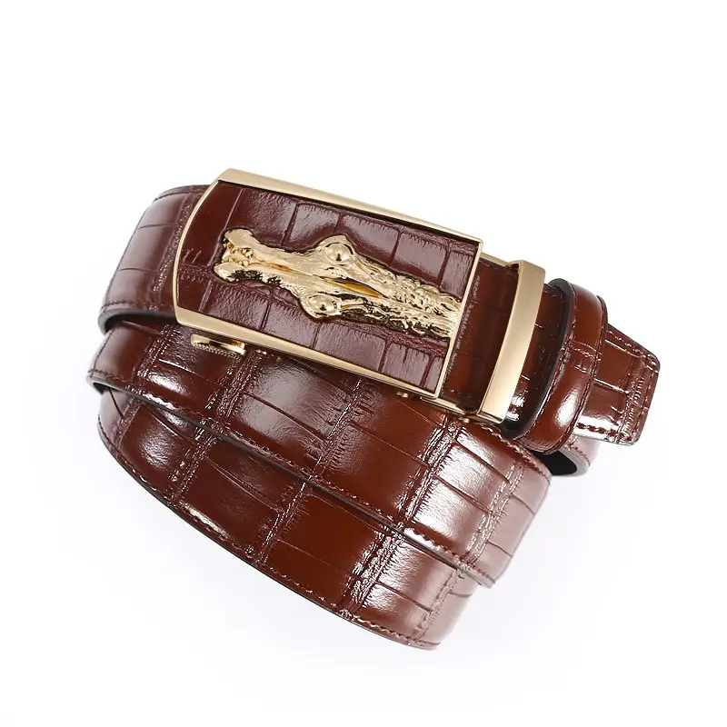 Men's Croc Leather Belt Brown Black with Gold Buckle - Image 7