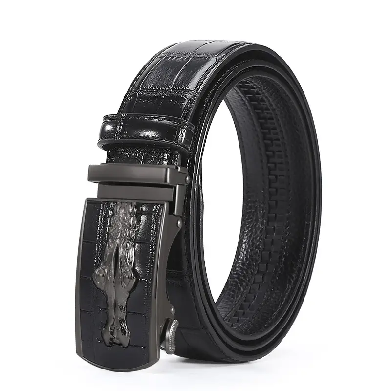 Men's Croc Leather Belt Brown Black with Gold Buckle