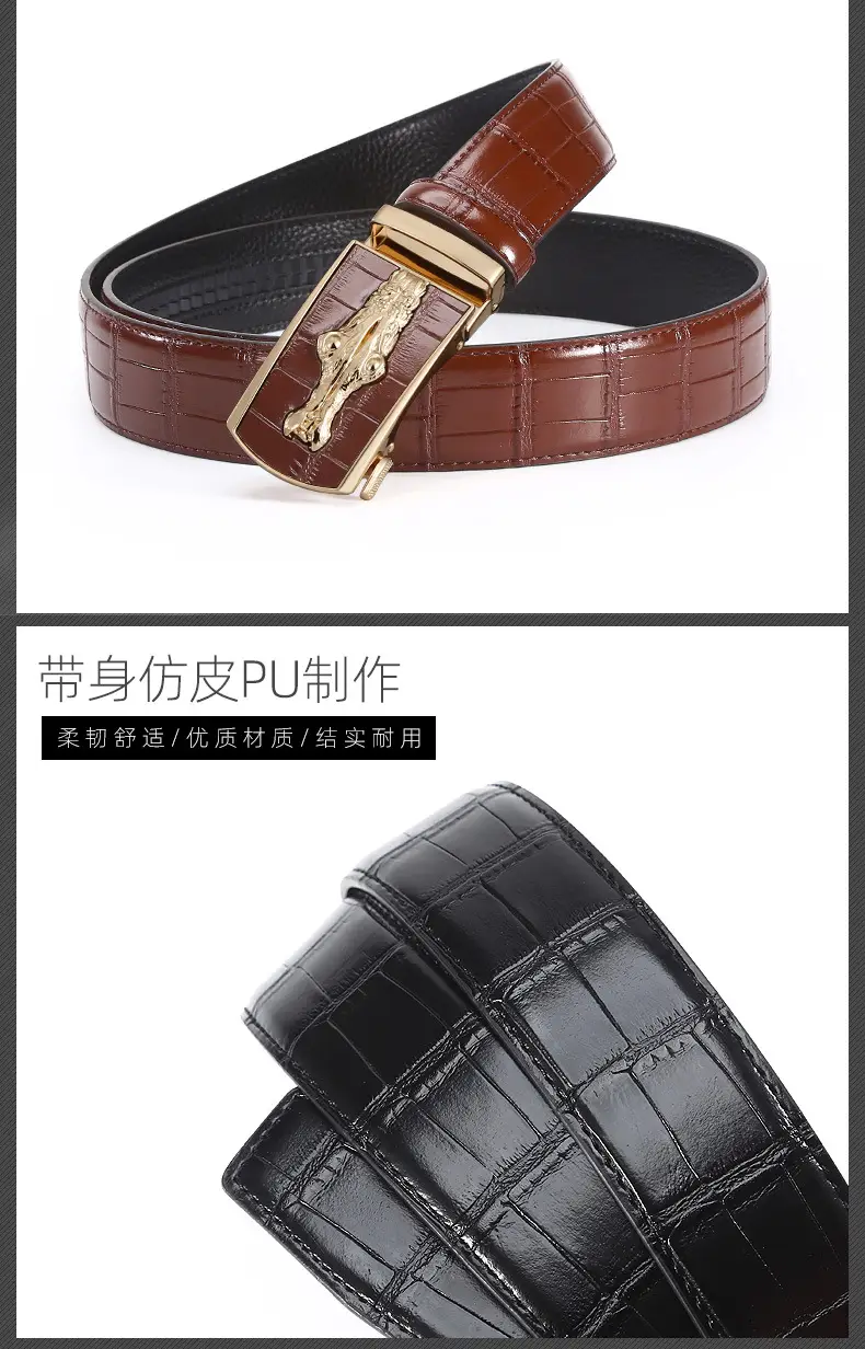 Men's Croc Leather Belt Brown Black with Gold Buckle — feature 2