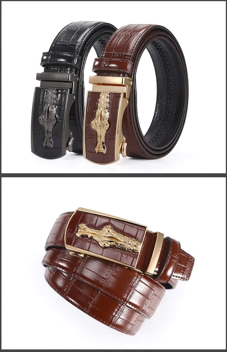 Men's Croc Leather Belt Brown Black with Gold Buckle — feature 6